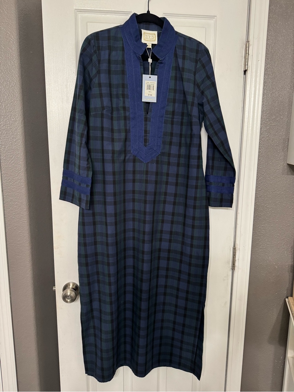 Sail to Sable Navy and Black Plaid Long Sleeve Tunic Maxi Dress